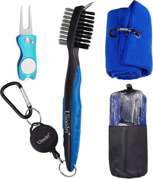 Golf Accessories for Men with Golf Towel Groove Cleaning Golf Club Brush and Divot Tool for Golf Gifts(Set C 4 Pieces in Drawstring Bag)