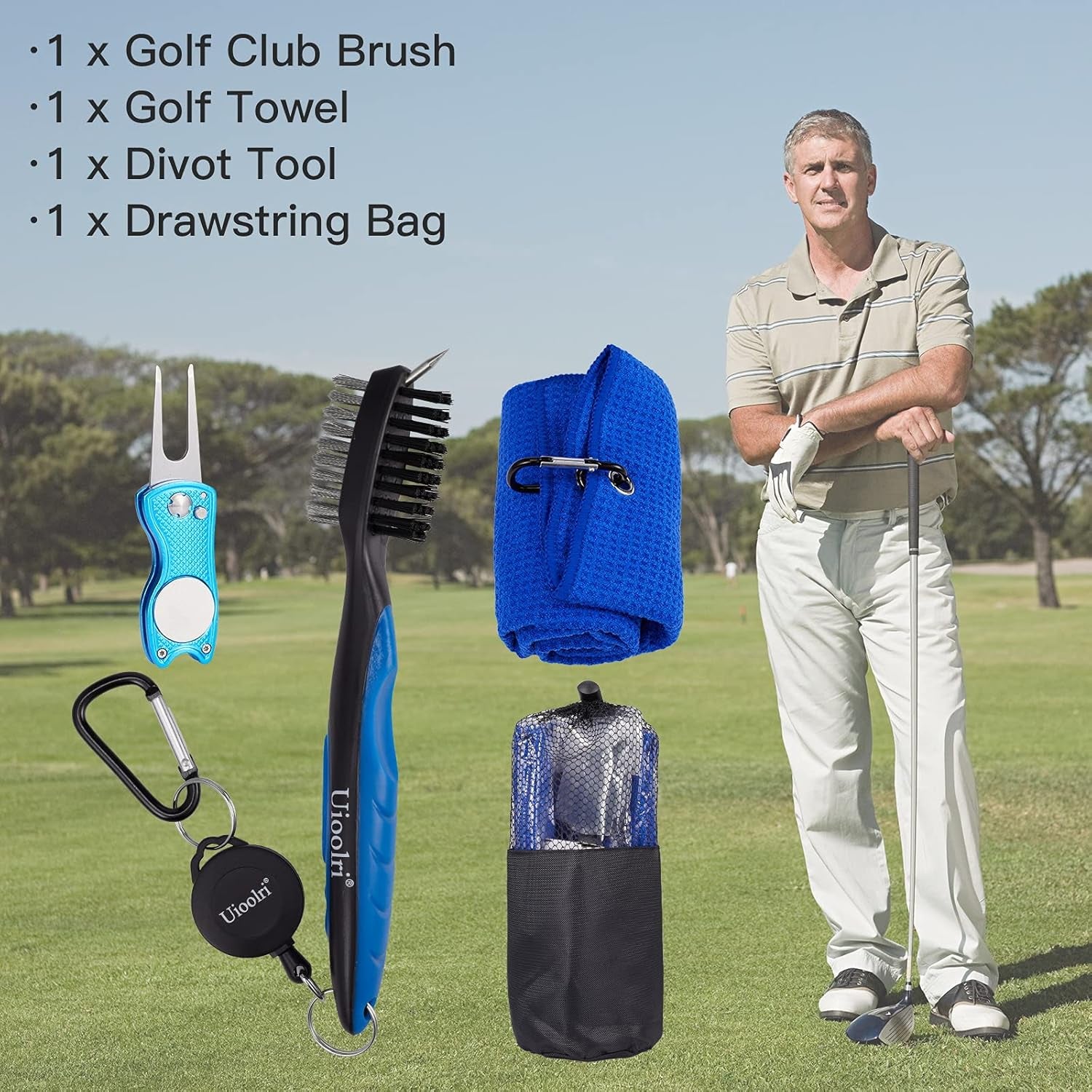 Golf Accessories for Men with Golf Towel Groove Cleaning Golf Club Brush and Divot Tool for Golf Gifts(Set C 4 Pieces in Drawstring Bag)